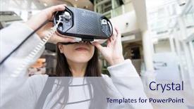  Presentation with museum - Presentation theme featuring korean museum - woman watching with vr device background and a sky blue colored foreground