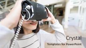  Presentation with young - Beautiful presentation theme featuring korean museum - young woman looking with vr backdrop and a  colored foreground