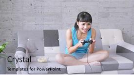  Presentation with family playing board game - PPT layouts with korean snacks - excited woman playing game background and a  colored foreground