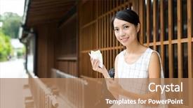  Presentation with online snack - Colorful PPT theme enhanced with korean snacks - woman enjoy snack at outdoor backdrop and a  colored foreground