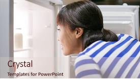  Presentation with refrigerator - Beautiful PPT layouts featuring korean snacks - woman feeling hungry and open backdrop and a lemonade colored foreground