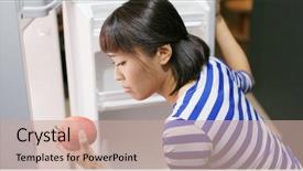  Presentation with refrigerator - Slide deck with korean snacks - woman feeling hungry and open background and a coral colored foreground