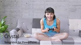  Presentation with video game 3d play games - PPT theme with korean snacks - woman play tv game background and a light gray colored foreground