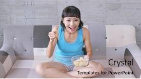  Presentation with korean - Beautiful theme featuring korean snacks - woman watching the football match backdrop and a coral colored foreground