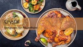  Presentation with soy sauce - Audience pleasing PPT theme consisting of korean spatchcocked barbecue chicken backdrop and a gold colored foreground