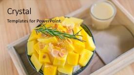  Presentation with korean - PPT theme consisting of korean style fresh mango shaved ice on wood table background and a coral colored foreground