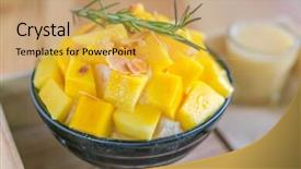  Presentation with korean - Presentation theme enhanced with korean style fresh mango shaved ice on wood table background and a yellow colored foreground