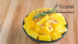  Presentation with korean - Beautiful PPT layouts featuring korean style fresh mango shaved ice on wood table backdrop and a coral colored foreground