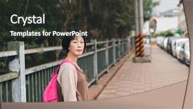  Presentation with sad woman walking - Beautiful slide deck featuring korean travel - asian traveling woman with bag backdrop and a  colored foreground