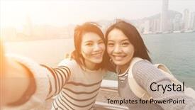  Presentation with take - Presentation theme featuring korean travel - asian young girls take background and a coral colored foreground