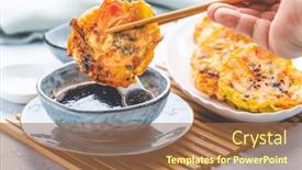  Presentation with korean food - PPT layouts with korean-vegetable-pancakes-with-dipping background and a coral colored foreground