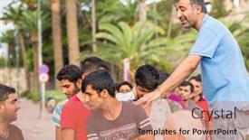  Presentation with refugees - Presentation design enhanced with kos-greece-sep-28-2015 background and a coral colored foreground