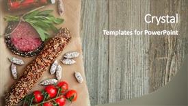  Presentation with lilac flowers bunch over wood - Audience pleasing slides consisting of kraft paper - assortment of cold meats backdrop and a coral colored foreground