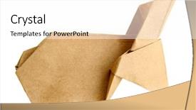  Presentation with rabbit production - Slide deck consisting of kraft paper - origami rabbit isolated on white background and a  colored foreground