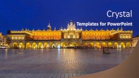  Presentation with square - Slide deck enhanced with krakow cloth hall on the main square at night poland background and a navy blue colored foreground