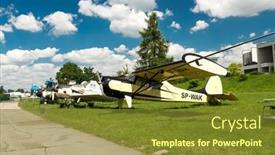  Presentation with museum exhibition - Presentation theme featuring krakow-museum-of-aviation-poland background and a tawny brown colored foreground