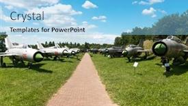  Presentation with museum exhibition - Slide set having krakow-museum-of-aviation-poland background and a light blue colored foreground