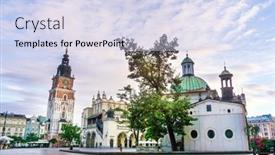  Presentation with heritage - Colorful presentation design enhanced with krakow-poland-august-27-2017 backdrop and a sky blue colored foreground