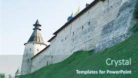  Presentation with russia city - Beautiful presentation design featuring kremlin-tower-of-pskov-city backdrop and a ocean colored foreground