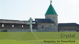  Presentation with russia city - Presentation theme with kremlin-tower-of-pskov-city background and a gold colored foreground