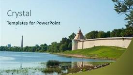  Presentation with russia city - Slides featuring kremlin-tower-of-pskov-city background and a sky blue colored foreground