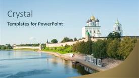  Presentation with russia city - Slide set featuring kremlin-tower-of-pskov-city background and a light blue colored foreground