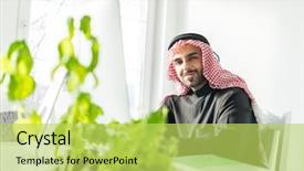  Presentation with office - Theme having ksa - arabian gulf young businessman background and a  colored foreground