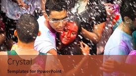  Presentation with holi - PPT theme featuring cute teenager boy in blue t-shirt and green rubber gloves scoop and brush over white isolated background half body cleaning concept background and a pink colored foreground