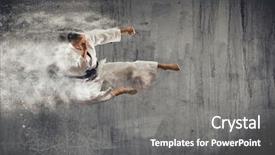  Presentation with women self defense martial arts - Audience pleasing PPT theme consisting of kudos - fighter practising his art martial backdrop and a gray colored foreground