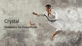  Presentation with women self defense martial arts - Colorful slide set enhanced with kudos - fighter practising his art martial backdrop and a light gray colored foreground