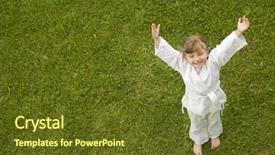  Presentation with soil shovel in the garden - PPT theme featuring kung fu - little girl exercising in garden background and a tawny brown colored foreground