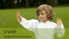  Presentation with organic garden supply store - Amazing PPT theme having kung fu - little girl exercising backdrop and a gold colored foreground
