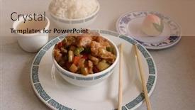  Presentation with green tea - Theme with kung pow chicken with green tea steamed rice and a bean filled bun background and a coral colored foreground