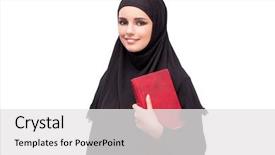  Presentation with strong black woman - Audience pleasing PPT theme consisting of religious book cover - muslim woman in black dress backdrop and a white colored foreground