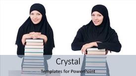  Presentation with worried young female college student - Presentation theme consisting of muslim female student with book background and a light gray colored foreground
