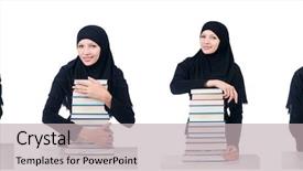  Presentation with muslim - Theme having muslim female student with book background and a light gray colored foreground
