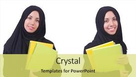  Presentation with white and black woman climbing ladders - Slides having religious book cover - young muslim woman isolated background and a yellow colored foreground