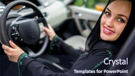  Presentation with kuwait - Amazing PPT theme having kuwait - happy muslim woman driving car backdrop and a wine colored foreground
