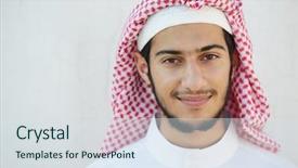  Presentation with eastern - Audience pleasing PPT theme consisting of kuwait - positive middle eastern young guy backdrop and a sky blue colored foreground