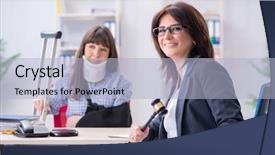  Presentation with employee health and safety - Audience pleasing slide set consisting of la caisse de compensation - injured employee visiting lawyer backdrop and a  colored foreground