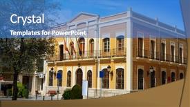  Presentation with city - Audience pleasing presentation theme consisting of la sant - quintanar de la orden city backdrop and a  colored foreground