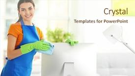  Presentation with monitor computer - Slide deck featuring la sterilisation - young woman cleaning computer monitor background and a cream colored foreground