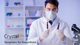  Presentation with testing blood - Audience pleasing presentation design consisting of lab assistant testing blood samples backdrop and a light blue colored foreground
