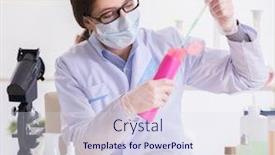  Presentation with beauty-products - PPT theme featuring lab chemist checking beauty and make-up products background and a sky blue colored foreground