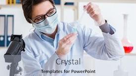  Presentation with beauty products - Beautiful slide set featuring lab chemist checking beauty and make-up products backdrop and a light blue colored foreground