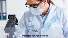  Presentation with beauty products - Colorful presentation theme enhanced with lab chemist checking beauty and make-up products backdrop and a light blue colored foreground