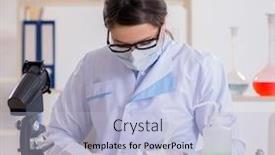  Presentation with beauty products - Cool new presentation design with lab chemist checking beauty and make-up products backdrop and a light blue colored foreground