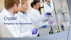  Presentation with laboratory chemical - PPT theme having lab coat - female chemical technician mixing fluids background and a sky blue colored foreground