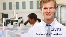  Presentation with female male symbol - Slide set having lab coat - male and female scientists using background and a sky blue colored foreground