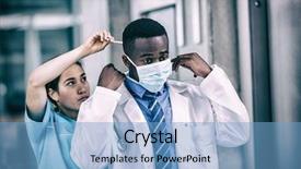  Presentation with surgical nurse - Presentation having lab coat - nurse helping doctor to put background and a light blue colored foreground